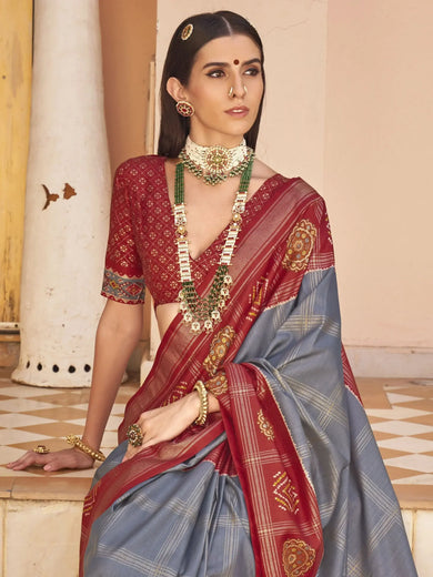 Alluring Light Steel Blue Silk Patola Festival Wear Saree With Blouse